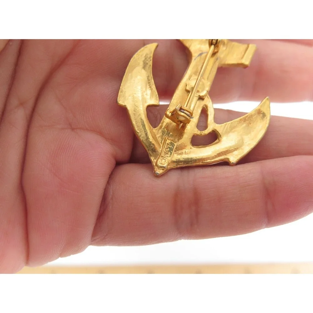 Vintage Signed LJM Red White Blue Enamel Anchor Gold‎ Plated Brooch Pin Pendant